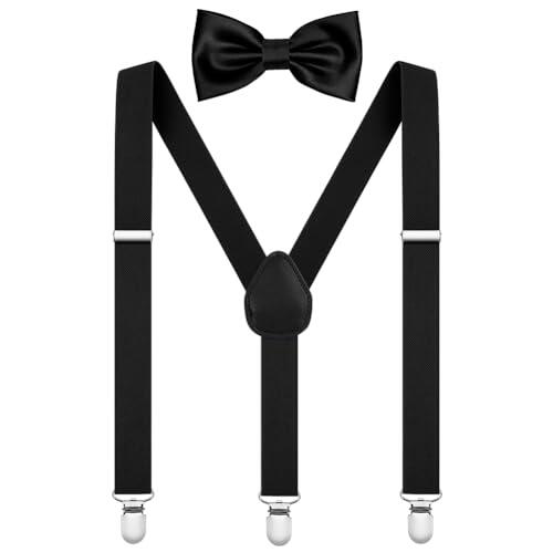 AOOWU Set de Tirantes y Pajaritas, 2.5cm Tirantes Ajustables, Pajarita Hombre Elegante Retro y Forma, Accesorio Traje Hombre de Business Fiesta Boda, Negro