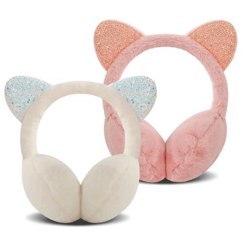 Forreen Orejeras de Invierno para Niñas, 2 Pcs Orejeras de Felpa Invierno Cálido Ajustables Gruesas Antifrío Lindo Gato Calentadores de Orejas con Lentejuelas para Actividades Aire Libre en Invierno