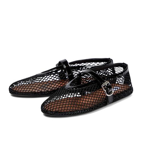 DOEYG Zapatos Planos de Ballet de Malla para Mujer, con Correa de Hebilla, cómodos, Casuales, para Oficina, Zapatos de Bailarina, Negro -, 38 EU