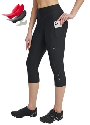 baleaf Pantalones de Ciclismo para Mujer, de Licra, Acolchados, 4D, con Bolsillos, Cintura Alta, con Bolsillos Negro M
