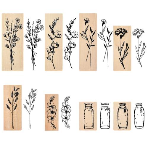 Wisebom 8 Piezas Sellos de Impresión de Madera, Vintage Sellos de Madera de Goma, Sellos de Madera con Patrones de Plantas Naturales, Sellos de Madera de Flores para Manualidades, Álbumes de Recortes