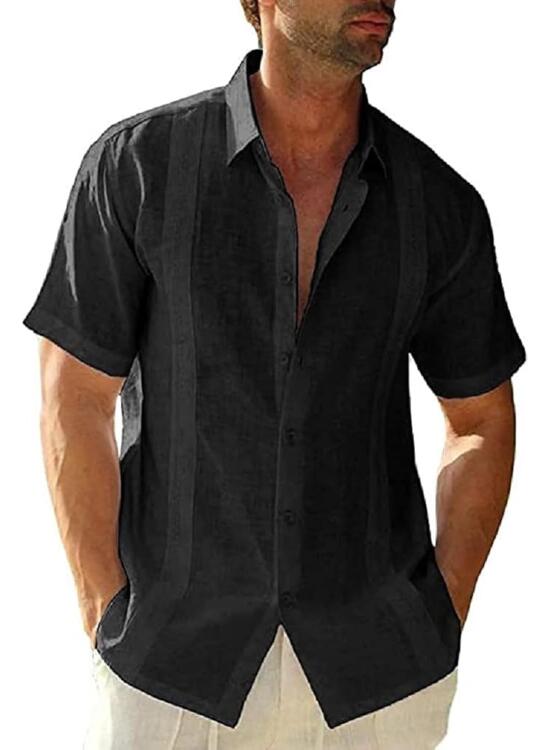 Hombre Camisa de Lino para Manga Corta Estilo Casual y Ajuste Regular Fit Cubana Camp Guayabera Camisa de Verano