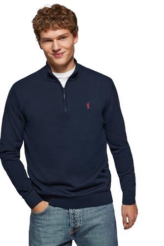 Polo Club Jersey Azul Marino con Cierre de Media Cremallera y Cuello Alto - Jersei con Logo Bordado para Hombre - Suéter Manga Larga 100% algodón