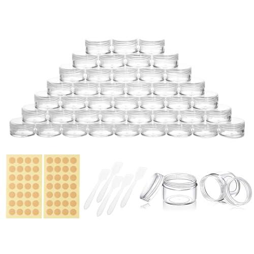 Carehabi 5ml Tarro con tapa, 42 tarros pequeños de plastico con etiquetas y espátulas, mini recipientes transparentes para muestras, cosméticos, cremas de labios, arte de uñas
