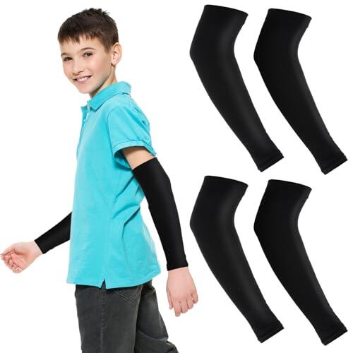 Telooco 2 Pares Mangas Niños Mangas de Protección Solar Protectores de Brazos Negro Seda de Hielo Comprimida Anti-UV Anticortes para Niños y Niñas
