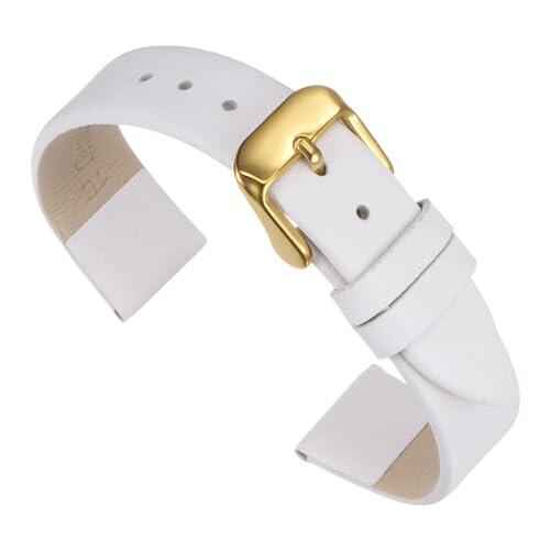 QUARKZMAN Correa de reloj de cuero genuino blanco de 16 mm de ancho, plana y delgada, con hebilla dorada elegante para hombres y mujeres
