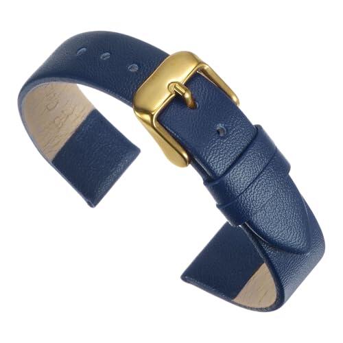 QUARKZMAN Correa de Cuero Genuino Azul Oscuro de 12 mm de Ancho, Delgada y Elegante, con Hebilla de Tono Dorado para Hombres y Mujeres