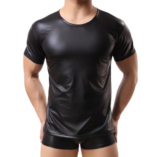 SamHeng Camiseta Sin Mangas Metálica Brillante para Hombre, Camisetas Interiores De Manga Corta De Cuero De PVC, Camisetas Ajustadas con Cuello Redondo Ropa De Club, Camiseta Negra Slim Fit Dance Top