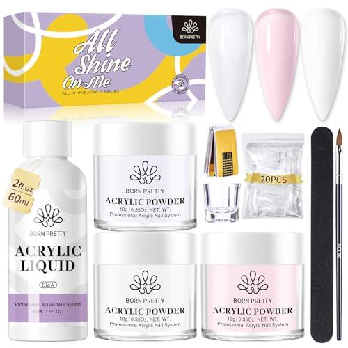 BORN PRETTY Polvos Acrílicos para Uñas Set, Acrilico uñas Polvo 3 Colores Blanco Rosa Polvo Acrilico con Líquido Acrílico para Uñas Set, Pincele Acrílicos Adecuado para Principiantes y Expertos