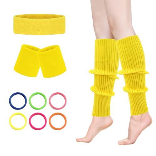 Yuqilin Calentadores Piernas Mujer Amarillo - Diadema y Muñequera Deportiva de Algodón + 6 Cuerda para el Cabello, Calentadores Años 80, Neón