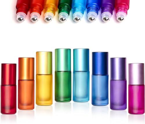 Roll On Aceites Esenciales 5ml,8 Pcs Botella de rollon Esmerilada de Color,Rollon 5 ml Cristal para Aceites Esenciales, Aromaterapia, Perfumes