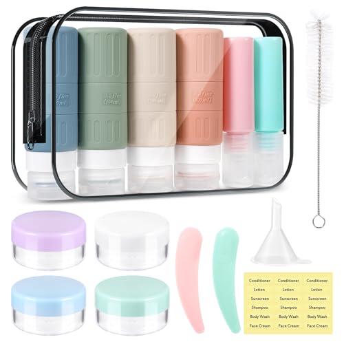 JAMATA Kit de Botellas de Viaje Silicona 16pz 100ml - Botes Rellenables Sin BPA para Champú y Gel,Incluye Bolsa y Etiquetas,Perfecto para Avión y Actividades al Aire Libre,A Prueba de Fugas