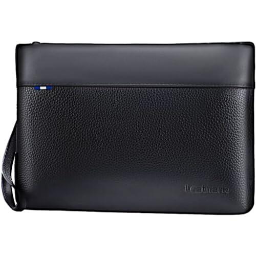 Leathario Bolso de Mano para Hombre en Piel Auténtica, Bolso Pequeño con Correa de la Muñeca de Cuero, Gran Capacidad con Ranura para Tarjeta para Oficina Trabajo Conferencias Viajes