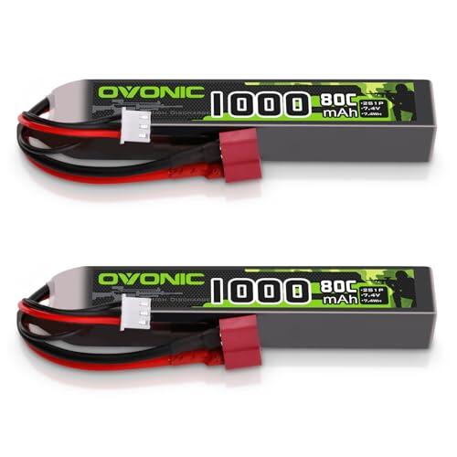 OVONIC 2S Lipo - Batería de polímero de litio para airsoft (7,4 V, 80 C, 1000 mAh, con conector Deans T, 2 unidades)