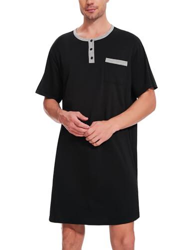 Uniexcosm Camisa de Dormir para Hombre Pijama Hombre Manga Corta Camisón de Algodón Camisa para Dormir Ropa de Dormir Pijama Suave Transpirable Negro L