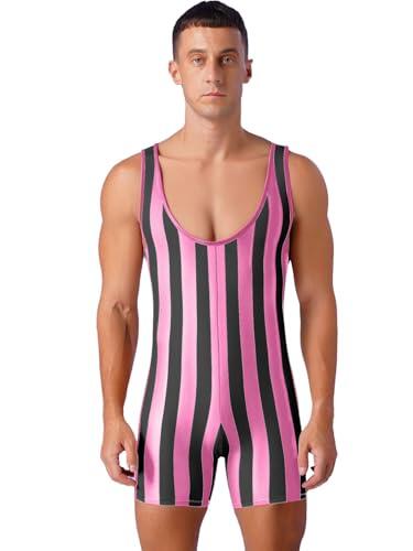TiaoBug Mono De Lucha Rayado Para Hombres Sin Mangas Traje De Baño De Una Pieza Ropa Ajustado Para Clubes Nocturnos Rosa caliente XL