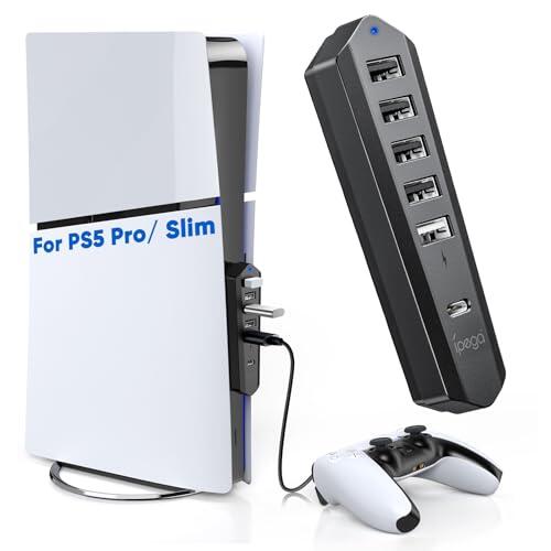Hub USB 6 en 1 para PS5 Pro/Slim - Extensión de puerto USB de alta velocidad con 1 tipo C 3.0, 4 USB-A 2.0 y 1 puerto de carga, adaptador para consola de disco y digital