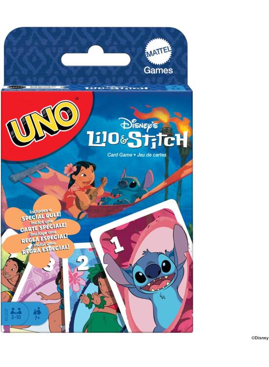 Mattel Games UNO Disney Lilo & Stitch, Juego de cartas con regla especial Ohana, inspirado en los personajes de la película, Juego de mesa familiar, juguete regalo para niños y niñas +7 años, JCC10