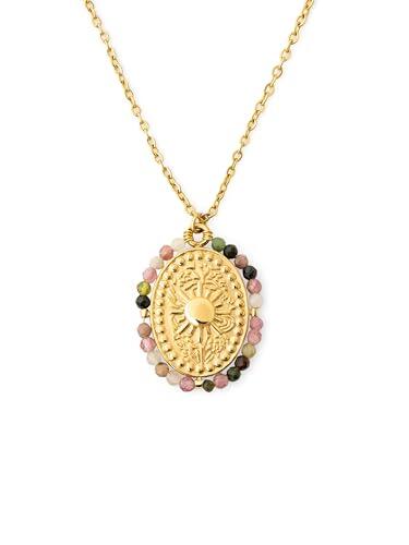 SINGULARU - Collar Medallion Stones Sun. Acero con Acabado en Baño de Oro de 18Kt. Cadena con Medallón Largo Ajustable. Joyas para Mujer