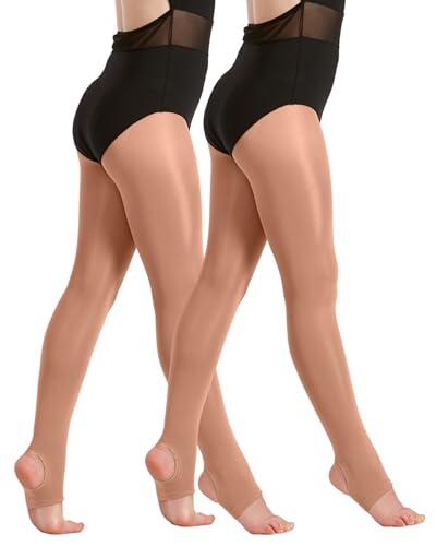 2 pares de medias de baile con estribos brillantes de 60 denier, listas para el rendimiento, multipack para niñas, niños, adultos y mujeres, en tostado y tostado claro, Brindis, 11-13 años