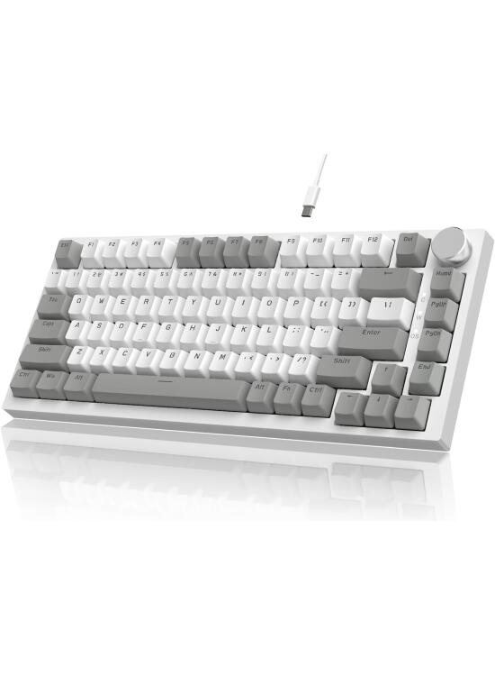 YINDIAO Ajazz AK820 Teclado Mecánico con Perilla,Diseño 75% ANSI,81 Teclas,Teclado para Juegos con Cable,5 Espumas Absorbentes de Sonido,Hot-swap,Interruptor Lineal,Luz Blanca,para PC,MAC(Gris&Blanco)