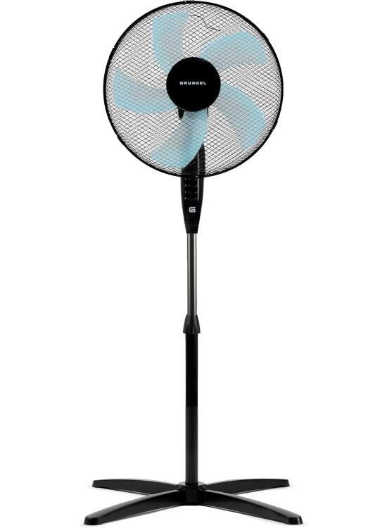Grunkel Ventilador de Pie FAN-165 de 50W- 16" 40cm de diametro con 3 Velocidades y 5 aspas, Altura Regulable hasta 118cm. Cabezal inclinable, oscilación automatica 90° y cable de 1,4m - 50W (Negro)