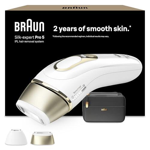 Braun Depiladora Luz Pulsada Silk-expert Pro 5, PL5140, Blanca/Dorada - Alternativa a Depiladora Laser, IPL Con Funda y 2 Cabezales Para Cara y Cuerpo, Eliminación Del Vello En Casa