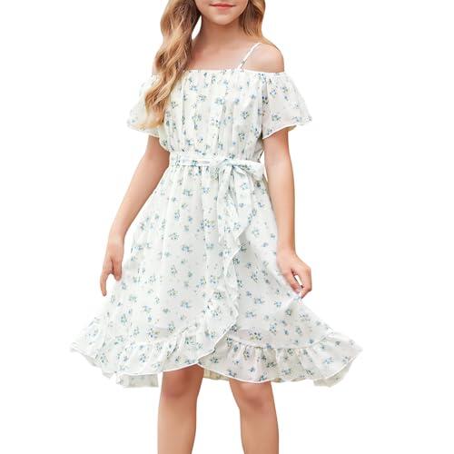 Vestidos para Niñas,Vestido de Chiffon con Flores Sin Mangas,Vestido de Verano con Correa Ajustable,Ocio con Manga Vorta con Volantes para Niñas de 6 a 14 Años