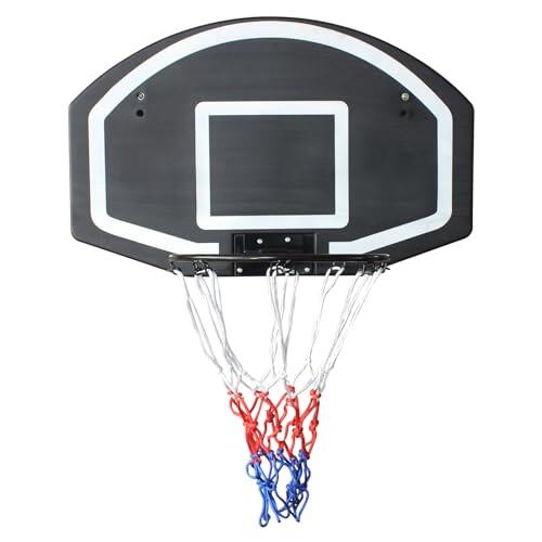 FUNJEPE Aro de baloncesto montado en la pared, tablero grande de 28.5 x 18 pulgadas, tablero de polietileno a prueba de roturas, red para todo tipo de clima, juego de baloncesto montado en pared y
