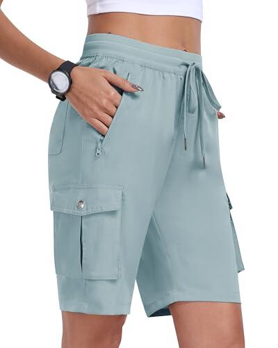 MoFiz Pantalones Cortos Cargo Mujer Bermudas Shorts Cintura Elástica Ligero Secado Rápido Pantalón Cortos de Trekking Senderismo Ocio Trabajo Jogger Gris-Azul Talla EU M