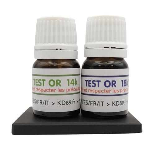 KD89 Soluciones de prueba de oro de 14 a 18 quilates con piedra de toque natural e instrucciones multilingües – Experiencia en joyería, monedas, lingotes – 2,5 ml