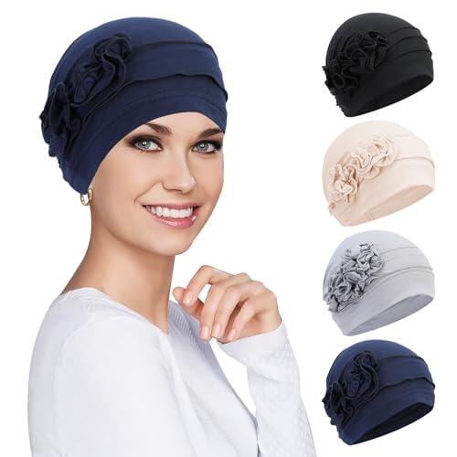 XEPST 4 Piezas Gorros Oncologicos para Mujer, Turbantes para Mujer, Gorro de Cáncer para Pérdida de Cabello, Pañuelo Cabeza