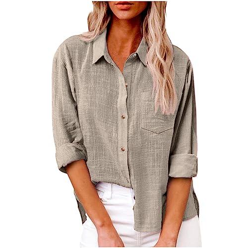 2024 Camisa de Manga Larga Mujer Primavera Verano algodón y Lino Moda Color sólido Blusa Cuello en V Camiseta Tops Fiesta Suelto T-Shirt Casual Oficina Original Elegante tee Cómodo Basic