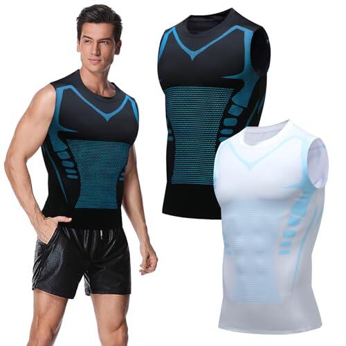 Ronronner 2 piezas 2024 Ionic Shaping Chaleco, Ionic Shaping Camiseta interior para hombre, forma corporal, transpirable, tejido de seda de hielo - Ropa deportiva para hombres, negro y blanco, XL