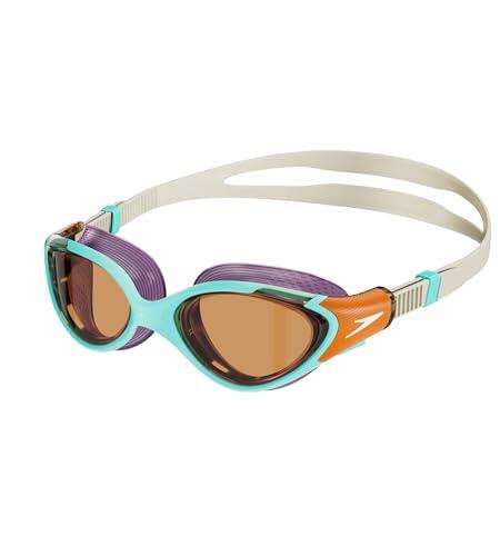 Speedo Gafas de natación Biofuse 2.0, Diseño femenino, Mecanismo de ajuste patentado, Antivaho, Sin goteos para Unisex Adulto, Tostado claro/Naranja calabaza/Azul marino, One Size