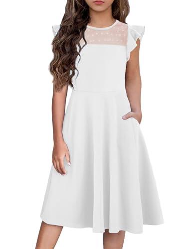Arshiner Vestido para Niñas Verano Manga con Volantes Malla Una Línea Vestidos De Fiesta Informales con Bolsillos 9-10 Años Blanco 140