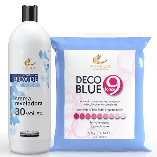 Pack Oxigenada en Crema 1000ml + Polvos Decolorantes de Cabello Azul 9 tonos 500gr | Fórmula Vegana | Superaclarante | Xhanon Professional (+ Crema rev 30 Vol)