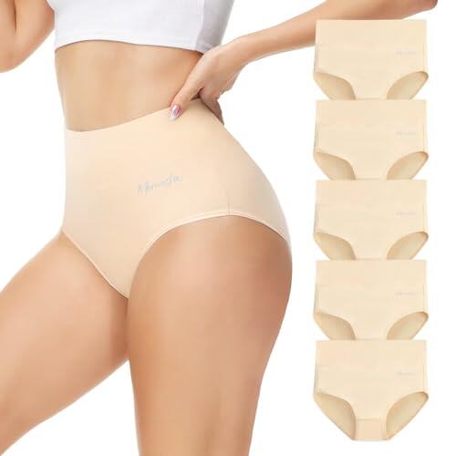 Momoshe Bragas Mujer Algodon Cintura Alta Pack de 5 Braguita de Talle Alto Culotte Cómodo Talla Ropa Interior Beige L