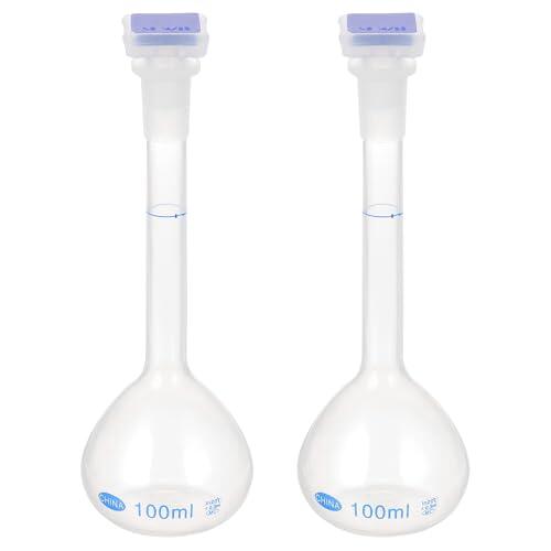 PATIKIL 100ml Aforado Matraz, 2 Paquete Polipropileno Graduado Aforado Medidor Matraz con Tapón Tolerancia 0,3ml para Laboratorio Experimento, Translúcido