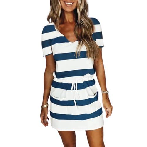 2024 Mini Vestido Casual de Verano con Cuello en V y Tirantes Sueltos, Vestido de Camiseta con cordón a Rayas y Bolsillos (3XL,Dark Blue)