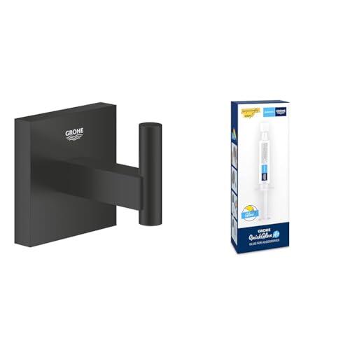 Grohe Start Cube QuickFix + A1 Quickglue - Pegamento Quickglue A1 + Colgador de Toallas de Ducha de Pared para Baño (Metal, Fijación Oculta, Incluye Tornillos y Tacos), Negro Mate, 409612430