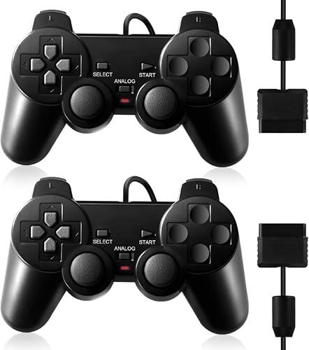 FLLAGG20 | 2X Mando con cable Compatible con PS2, negro | Doble vibración, diseño ergonómico, compatible con PS2, PS1, PSX | Experiencia de juego inmersiva y precisa Joystick Controller