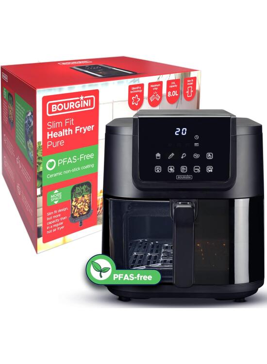 BOURGINI Freidora de Aire con Revestimiento Cerámico Pro, Libre de Químicos (PFAS, C6, PFHxA, PTFE, PFOA y BPA), Formato 35% más compacto, para un hogar sin tóxicos.