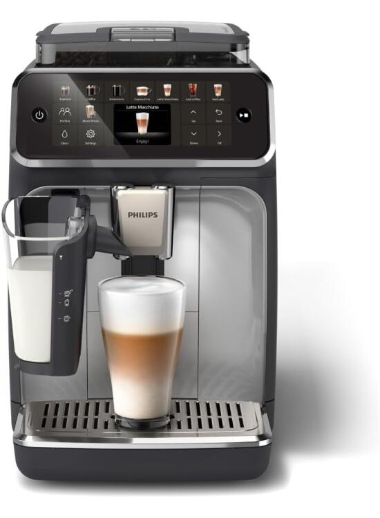 Philips Cafetera Totalmente Automática Serie 5500-20 cafés Calientes y Helados, Sistema de leche QuickClean LatteGo, 40% más Silenciosa Gracias a SilentBrew, QuickStart, Negro y Plata (EP5546/70)