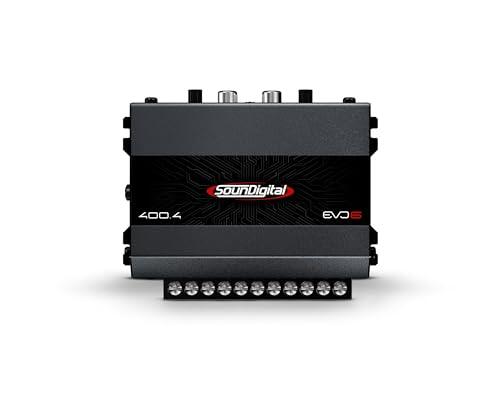 SounDigital 400.4 EVO 6.0 - Amplificador de Coche de 4 Canales, Amplificador de Potencia RMS de 400 W, 4 ohmios, Filtro de Paso Alto/bajo, Entrada RCA, Amplificador Compacto para Coche HiFi
