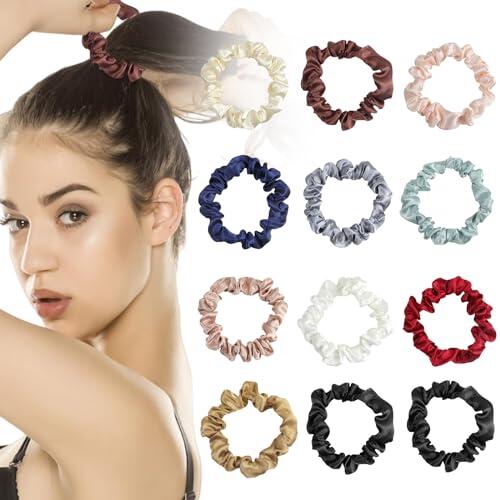 BELEVO 12 Pcs Coleteros pelo Mujer, Suave Coletero Seda Color Gomas Pelo Mujer Niña Scrunchies Pelo Elástico Gomas de Pelo