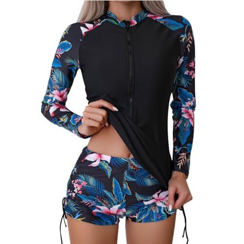 PANGHUBO Camiseta de neopreno de manga larga con cremallera para mujer, camiseta de protección contra erupciones, traje de baño de dos piezas, con cremallera frontal/sin cierre, tankini estampado,