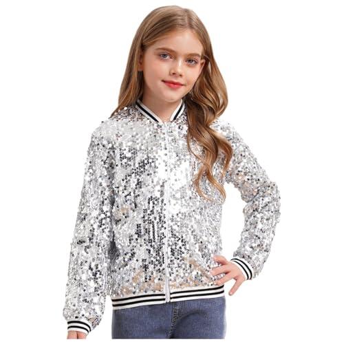 renvena Chaqueta de Niñas con Lentejuelas, Chaqueta de Béisbol, Chaqueta Bomber con Cremallera, Chaqueta Casual, Top, Blazer para Niños, Ropa Brillante para Fiestas Temáticas y Bailes, plata, 110-116