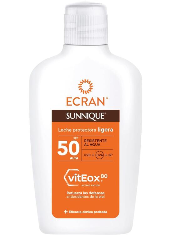 Ecran Sunnique - Leche Protectora Solar FPS 50, Protección UVB + UVA e IR-A, Refuerza las Defensas, Protege la Piel, Hidratación 24 h, Fórmula con VitEox 80, para Toda la Familia - 200 ml