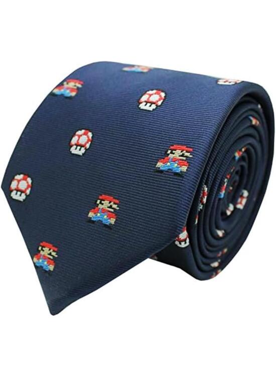 BRACO Corbata Mario Bros Pixels Seta Toad - Azul Marino Estrecha Elegante Corbata de Videojuegos - Tamaño 6 x 155 cm.